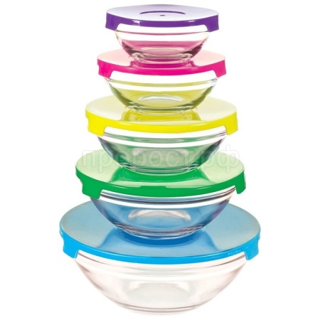 Набор стекл. мисок INSALATO 5шт (150+210+360+510+920мл) с пластиковыми крышками  Набор стекл. мисок INSALATO 5шт (150+210+360+510+920мл) с пластиковыми крышками