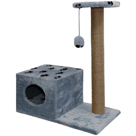 Когтеточка домик с полкой на основании квадратная мех джут серый с игрушкой 37*68*80см/DONBARON