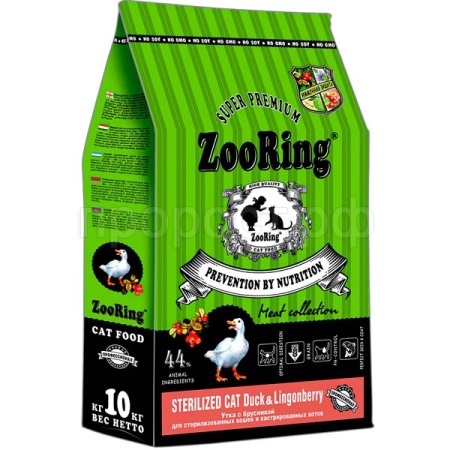 Кошки ZooRing Sterilized утка/брусника д/работы ЖКТ д/кошек всех пород 10кг/100236