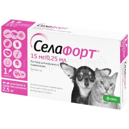Капли Селафорт(внешние и внутренние) д/кошек и собак до 2,5кг 1*15мг/0,25мл